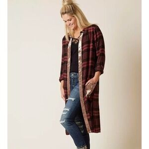 Gimmicks By BKE Flannel/Velvet Duster Cardigan Womens S Boho Festival Western
